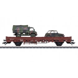1 WAGON IN RANCHERS Kbs443 TRANSPORT OF MILITARY VEHICLES, WITH VW181 CAR AND A UNIMOG S404, DB, HO, EpIV, BY MARKLIN 46929