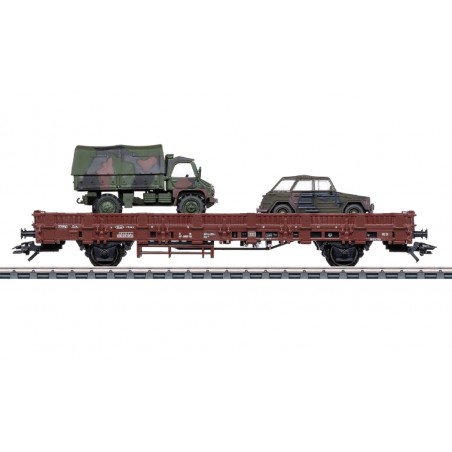 1 WAGON IN RANCHERS Kbs443 TRANSPORT OF MILITARY VEHICLES, WITH VW181 CAR AND A UNIMOG S404, DB, HO, EpIV, BY MARKLIN 46929
