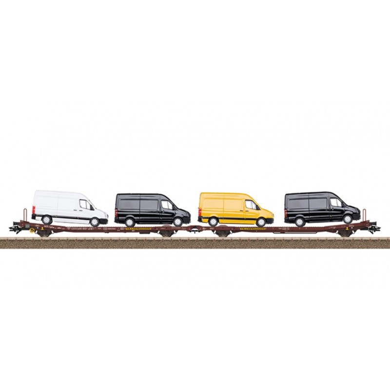 1 BOX OF 2 Laads 800B FLAT WAGONS, WITH LOADING OF 4 UTILITY VEHICLES, HO, EpVI, DB, BY TRIX 24428 1 BOX OF 2 Laads 800B FLAT WAGONS, WITH LOADING OF 4 UTILITY VEHICLES, HO, EpVI, DB, BY TRIX 24428
