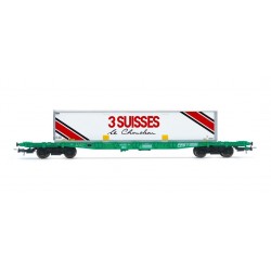 1 CONTAINER FLAT WAGON, S70, SNCF, WITH CONTAINER 3 SWITZERLAND, HO, EpIV, BY JOUEF HJ6277