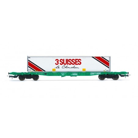 1 CONTAINER FLAT WAGON, S70, SNCF, WITH CONTAINER 3 SWITZERLAND, HO, EpIV, BY JOUEF HJ6277