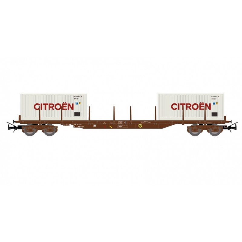 1 FLAT WAGON, 4 AXLES, TYPE Rs, SNCF, HO, EpIV, AND 2 CITROEN CONTAINERS, BY JOUEF HJ6310 1 FLAT WAGON, 4 AXLES, TYPE Rs, SNCF, HO, EpIV, AND 2 CITROEN CONTAINERS, BY JOUEF HJ6310