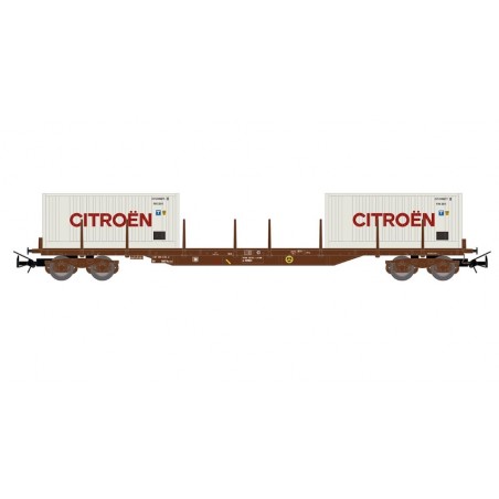 1 FLAT WAGON, 4 AXLES, TYPE Rs, SNCF, HO, EpIV, AND 2 CITROEN CONTAINERS, BY JOUEF HJ6310