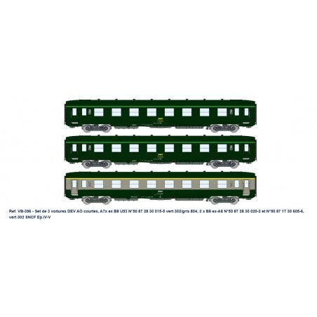 COFFRET DE 3 VOITURES DEV AO COURTES, SNCF, HO, EpIV/V, PAR REE MODELES VB396