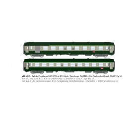 COFFRET DE 2 VOITURES VOYAGEUR UIC B7D ET B10, VERT/GRIS, LOGO CARMILLON, CARTOUCHE CORAIL, SNCF, HO, EpVI, REE VB492